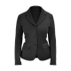 Ein eleganter schwarzer Damenblazer mit Reverskragen, drei Knöpfen und zwei Fronttaschen, vor einem weißen Hintergrund präsentiert.