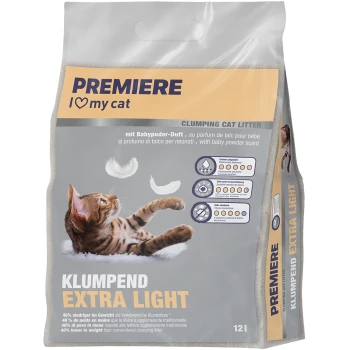 Clumping cat litter bag featuring a playful cat, labeled "Premiere I ❤️ my cat," with baby powder scent and details on weight and odor control.