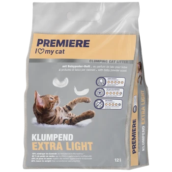 Klumpende Katzenstreu-Tüte mit einer verspielten Katze, beschriftet 'Premiere I ❤️ meine Katze', mit Babypuderduft und Details zu Gewicht und Geruchskontrolle.