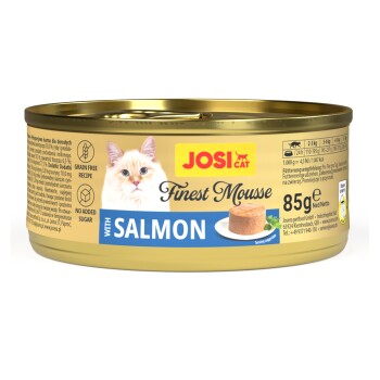 JosiCat Finest Mousse Katzenfutter mit Lachs, getreidefreie Rezeptur, ohne Zuckerzusatz, 85g Dose, Serviervorschlag gezeigt.