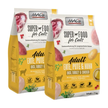 Cat Adult Trockenfutter Ente, Pute & Huhn 2x7 kg Zwei Beutel MAC's Super Food für Katzen, beschriftet "Adult Ente, Pute & Huhn" (Ente, Truthahn & Huhn), mit Bildern von Fleisch und Gemüse.