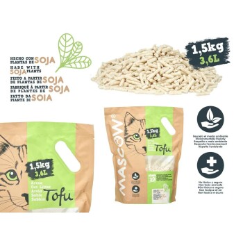 Tofu-Katzenstreu-Verpackung mit einer Katzenillustration, mit Text, der hervorhebt, dass es aus Sojapflanzen hergestellt ist, 1,5 kg, 3,6 L und umweltfreundliche Ansprüche.