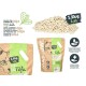 Tofu-Katzenstreu-Verpackung mit einer Katzenillustration, mit Text, der hervorhebt, dass es aus Sojapflanzen hergestellt ist, 1,5 kg, 3,6 L und umweltfreundliche Ansprüche.