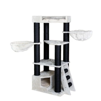 Ein mehrstöckiger Kratzbaum für Katzen mit Marmor-Design, mit zwei hängenden Betten, mehreren Plattformen, einem Kratzbaum und einem kleinen würfelförmigen Versteck.