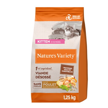 Beutel Nature's Variety Kittensfutter, entbeintes Fleisch, getreidefrei, mit Freilandhuhn, 1,25 kg, Abbildung eines Kätzchens