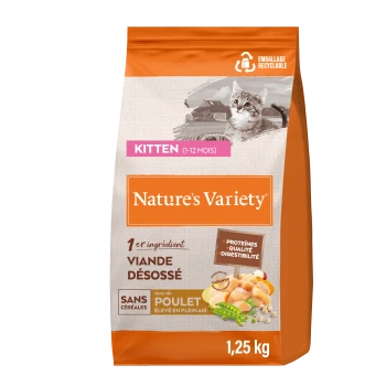 Beutel Nature's Variety Kittensfutter, entbeintes Fleisch, getreidefrei, mit Freilandhuhn, 1,25 kg, Abbildung eines Kätzchens
