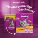 Whiskas Katzenfutterverpackung mit einer grauen Katze, Text "Neuer Look, derselbe großartige Geschmack!" und Informationen über Hühnergeschmack und Recyclingfähigkeit.