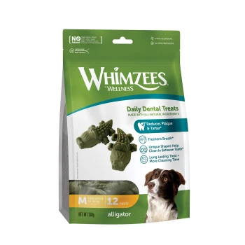 Whimzees Daily Dental Treats pour chiens de taille moyenne (12-18 kg), 12 friandises en forme d'alligator, 360g, réduit la plaque, rafraîchit l'haleine.