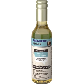 RAW KITCHEN Olej z wątroby dorsza 250 ml Butelka oleju z wątroby dorsza Premiere Raw Kitchen dla zwierząt, oznaczona po niemiecku i francusku, podkreślająca 100% oleju z wątroby i korzyści odżywcze.