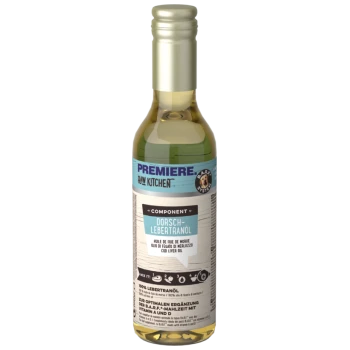 Flasche mit Premiere Raw Kitchen Lebertran für Haustiere, beschriftet in Deutsch und Französisch, mit 100% Lebertran und ernährungsphysiologischen Vorteilen.