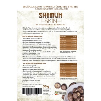Shiimun Skin Haustierergänzung mit Shiitake-Pilzen unterstützt das Haarwachstum und den Glanz des Fells. Enthält Molke, Shiitake und Insektenprotein.