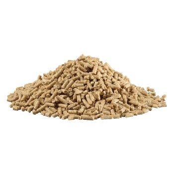 Ein großer Haufen kleiner, zylindrischer Haustierfutterpellets in hellbrauner Farbe, geeignet für verschiedene kleine Tiere.