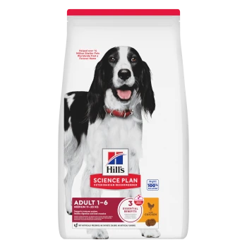 Zak Hill's Science Plan hondenvoer met een zwart-witte hond met een rode halsband; label 'Adult 1-6 Medium 11-25 kg, Chicken'.