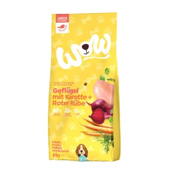 Gelbe Tüte Hundefutter mit der Aufschrift 'WOW', die Huhn, Karotten und Rote Beete enthält, mit 67% Geflügel, 33% Gemüse und 0% Getreide.