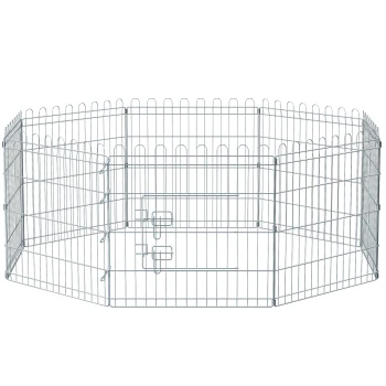 Ein silberner Metall-Haustier-Spielbereich mit achteckiger Form, ausgestattet mit einer sicheren Tür mit Riegel und abgerundeten oberen Kanten.