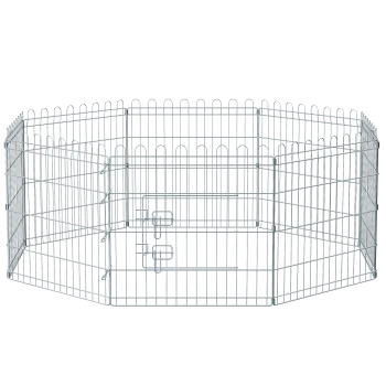 Ein silberner Metall-Haustier-Spielbereich mit achteckiger Form, ausgestattet mit einer sicheren Tür mit Riegel und abgerundeten oberen Kanten.