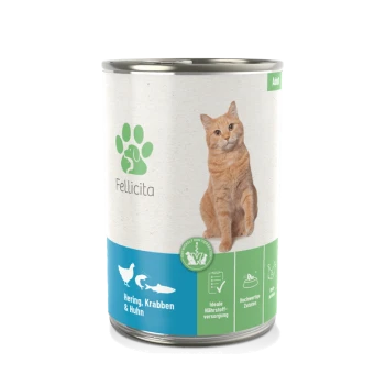 Dose Katzenfutter mit einer hellorangefarbenen Katze auf dem Etikett, beschriftet mit "Fellicita", mit Geschmacksrichtungen von Hering, Krabbe und Hühnchen.