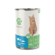 Dose Katzenfutter mit einer hellorangefarbenen Katze auf dem Etikett, beschriftet mit "Fellicita", mit Geschmacksrichtungen von Hering, Krabbe und Hühnchen.