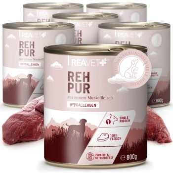 REH PUR hypoallergene Wildfleisch-Hundefutterdosen (800 g) — Single Protein, 100% Fleisch, zucker- und getreidefrei; rohes Wildfleisch abgebildet.