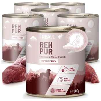 REH PUR hypoallergene Wildfleisch-Hundefutterdosen (800 g) — Single Protein, 100% Fleisch, zucker- und getreidefrei; rohes Wildfleisch abgebildet.