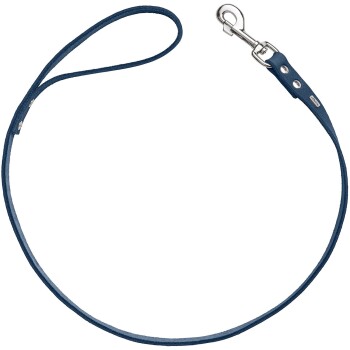 Blaue Leder-Hundeleine mit einem silbernen Metallclip, entworfen für das Spazierengehen und die Kontrolle von Haustieren.