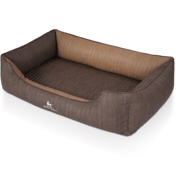 Braunes Haustierbett mit einem gesteppten Design, mit einem erhöhten Rand für Komfort und einem Logo von "KNUFFELWUFF" auf der Vorderseite.