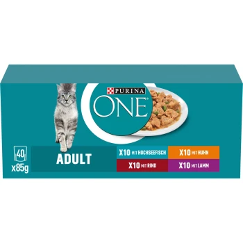 Adult Mix 40x85g Die Verpackung von Purina ONE Katzenfutter zeigt eine graue Katze und listet die Geschmäcker auf: Hochsee-Fisch, Huhn, Rind und Lamm.