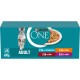Die Verpackung von Purina ONE Katzenfutter zeigt eine graue Katze und listet die Geschmäcker auf: Hochsee-Fisch, Huhn, Rind und Lamm.