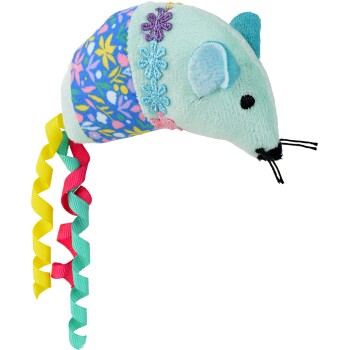 Mintgroen pluchen muis met blauwe bloemprint op de rug, geborduurde bloemen, zwarte snorharen en krullende gele/rode/blauwgroene staarten.