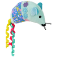 Mint-green plush mouse toy with blue floral back, embroidered flowers, black whiskers and curly yellow/red/teal tails