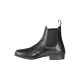 Schwarze Leder-Ankle Boots mit elastischen Seitenpaneelen und einem kleinen Absatz, vor einem weißen Hintergrund präsentiert.