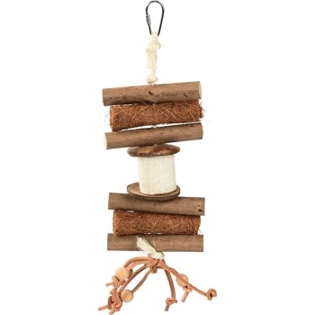 nibbling rope Wooden pet toy with various textures, including sticks and rope, hanging from a metal clip.
