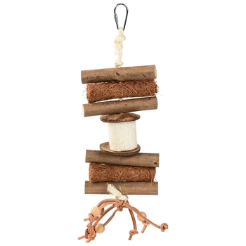Wooden pet toy with various textures, including sticks and rope, hanging from a metal clip.