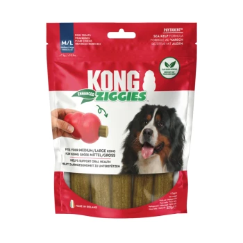 Package of KONG Ziggies dog treats (Sea Kelp formula), image of Bernese dog and hand inserting treat into red KONG toy.