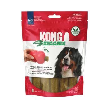 Package of KONG Ziggies dog treats (Sea Kelp formula), image of Bernese dog and hand inserting treat into red KONG toy.