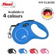 Blue flexi retractable dog leash with a silver logo, available in four colors, featuring a quality badge stating "Made in Germany."
