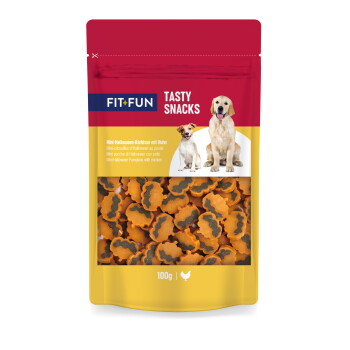 Saszetka FIT+FUN TASTY SNACKS z dwoma psami, okienko z pomarańczowymi mini przekąskami w kształcie dyni o smaku kurczaka, 100 g.