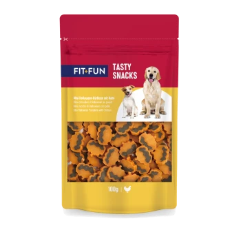 FIT+FUN TASTY SNACKS Beutel mit zwei Hunden, Sichtfenster mit orangefarbenen mini-kürbisförmigen Hähnchenleckerlis, 100 g.