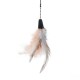 A feather cat toy with a black handle, featuring soft pink and white feathers, suspended by a string against a white background.