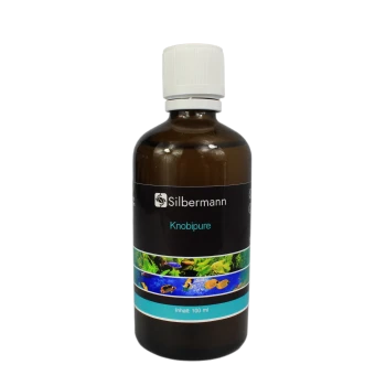 Braune Glasflasche mit der Aufschrift "Silbermann Knobipure" mit aquatischen Bildern und dem Text "Inhalt: 100 ml" auf der Vorderseite.
