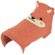 Orange fuzzy pet sweater with fox face, stitched ears and small leash/harness opening