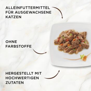 Nassfutter auf weißem Teller mit Gemüse; sichtbarer Text: ‚Vollwertiges Alleinfutter für erwachsene Katzen‘, ‚Keine Farbstoffe‘, ‚Hergestellt aus hochwertigen Zutaten‘