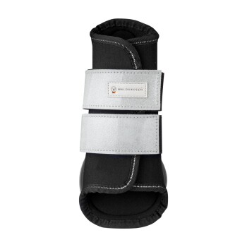 Schwarzer und silberner Hundeschuh mit verstellbaren Riemen, mit einem Waldhausen-Logo an der Seite.