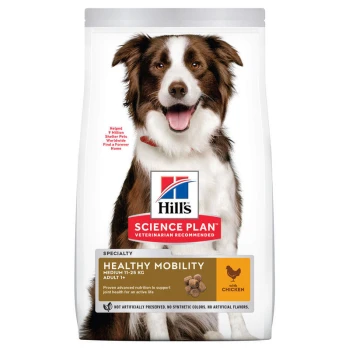 Eine Tüte Hill's Science Plan Hundefutter mit einem lächelnden Border Collie, beschriftet mit "Gesunde Mobilität" für mittelgroße Hunde von 11-25 kg, Erwachsene 1+.