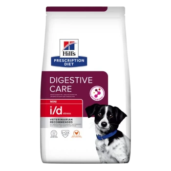 Hill's Prescription Diet Digestive Care i/d Stress Hundefutterbeutel mit einem schwarz-weißen Hund auf der Vorderseite, beschriftet mit "Vom Tierarzt empfohlen."