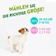 Ein kleiner Hund schaut nach oben, mit dem Text "WÄHLEN SIE DIE RICHTIGE GRÖßE!" und Größenoptionen M/L (20-40 lbs, 9-18 kg) und XS/S (5-20 lbs, 2.3-9 kg).
