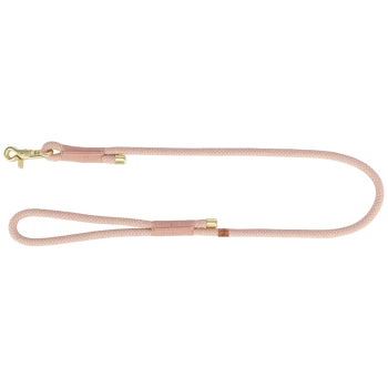 Eine hellrosa Hundeleine aus geflochtenem Seil, mit einem goldenen Metallclip und einem Schlaufenhandgriff für einen einfachen Griff.