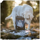Weißer Labrador schnüffelt an schwarzer Hundefuttertüte mit Aufschrift 'RIND SPIRATION' (Tales & Tails) auf verschneitem Waldboden.