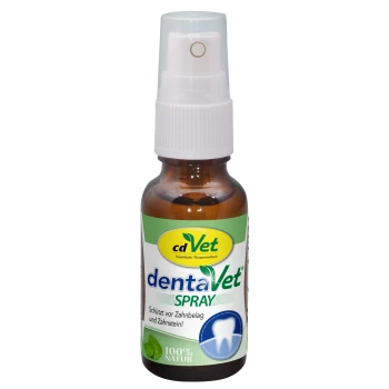 Braune Sprühflasche mit dem Etikett "cdVet dentaVet SPRAY" mit einem weißen Deckel, mit dem Text "Schützt vor Zahnbelag und Zahnstein!" und "100% NATUR".
