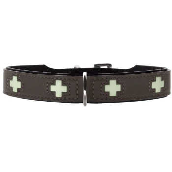 Braunes Lederhalsband mit eingenähten hellgrünen Kreuz-Einlagen, silbernem D-Ring und Schnalle.